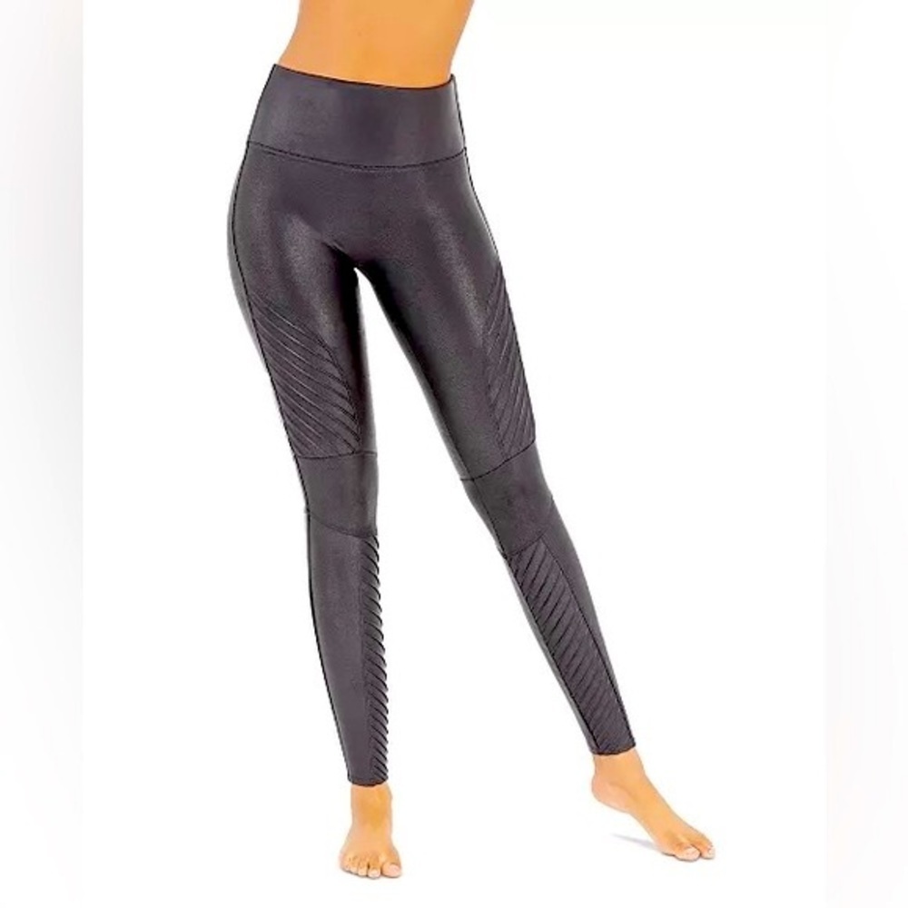 SPANX Faux Leather Moto Leggings Pull On Pin Tucks Shaping Waistband M Black